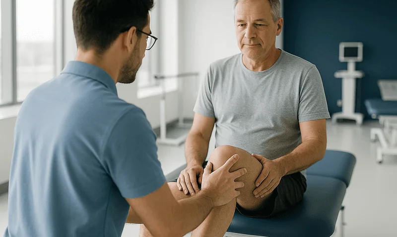 Doctor examining patient's knee in a medical clinic setting.