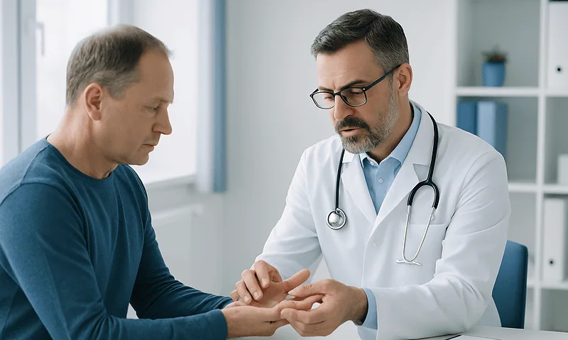 Doctor examining patient's hand for arthritis symptoms in clinic.