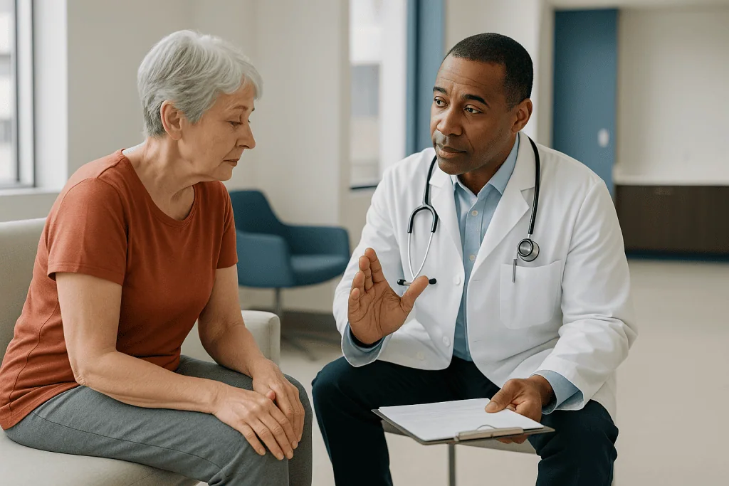 Doctor consulting with elderly female patient in clinic: Joint preservation surgery: why is repair offered for some joints a