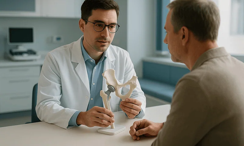 Orthopedic doctor explaining hip replacement options to patient.