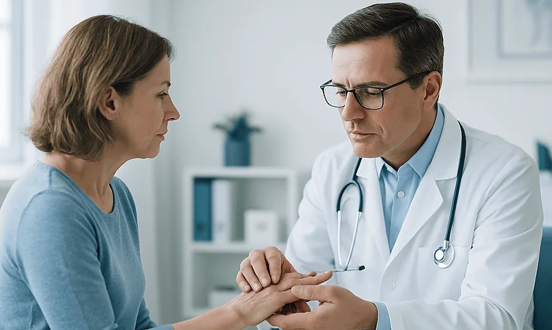 Doctor examining a patient's hand in a medical consultation room.