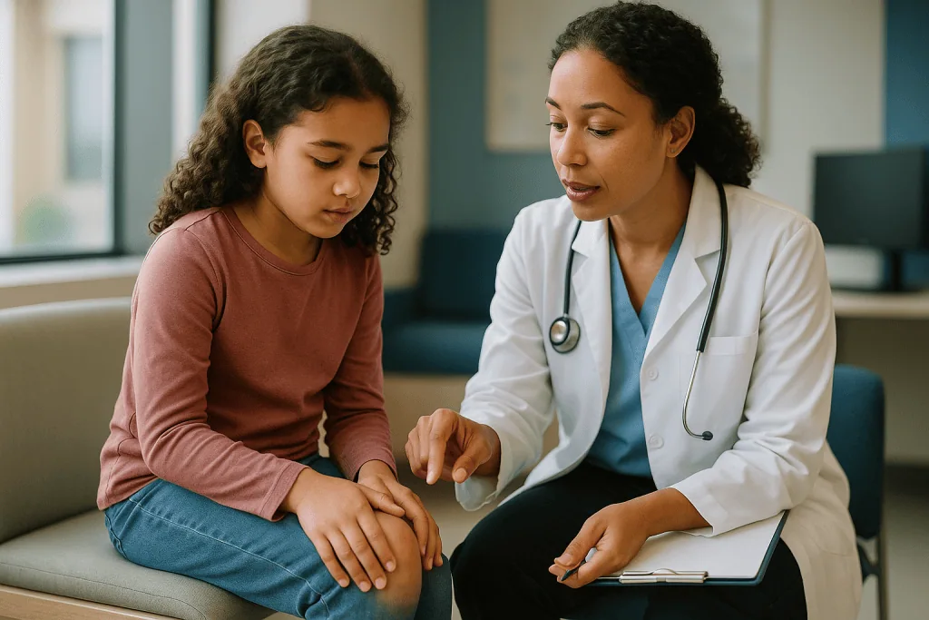 Female doctor examining child's arm during consultation: Juvenile arthritis symptoms in children: what the rheumatologist li