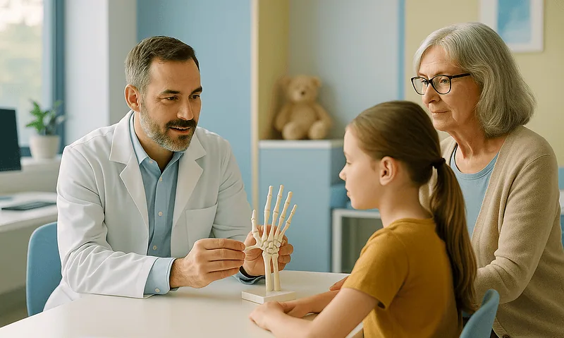 Pediatric rheumatologist explaining juvenile arthritis to young girl and her grandmother.