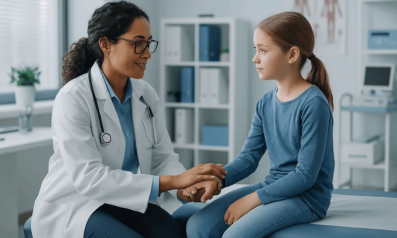 Pediatric doctor consulting young girl in a medical office.
