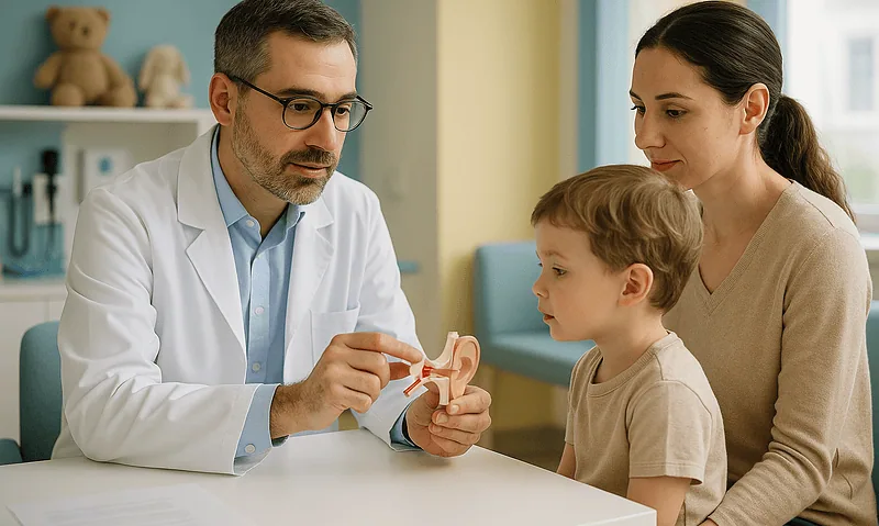 Pediatric ENT specialist explaining ear anatomy to a mother and child.