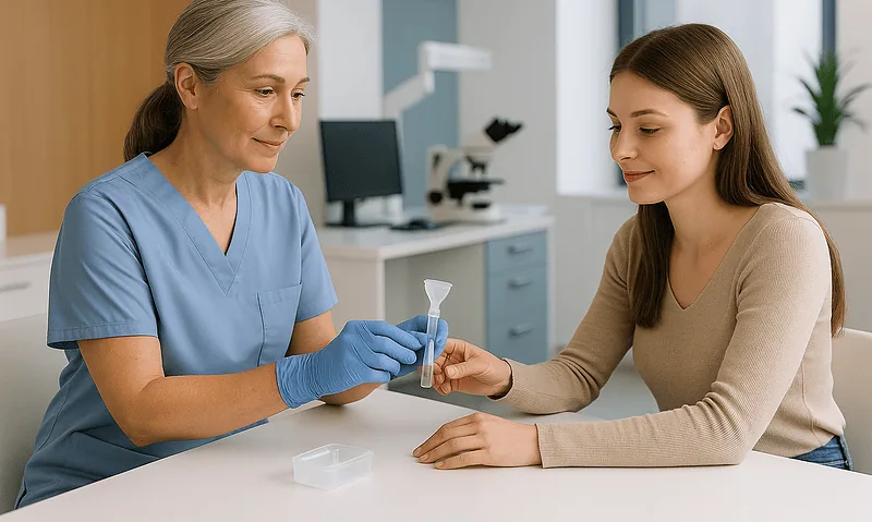 Medical professional handing medication to patient in clinic setting.