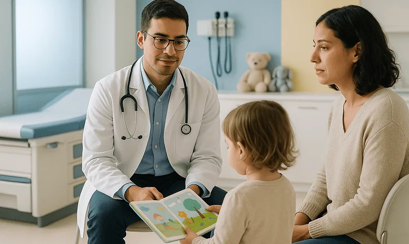 Pediatric consultation in a hospital with a doctor, mother, and child.