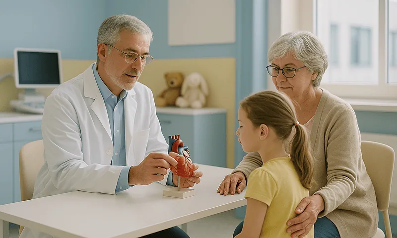Pediatric cardiologist explains heart anatomy to young girl and her grandmother.
