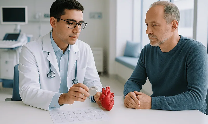 Doctor explaining pacemaker procedure to patient in a hospital setting.