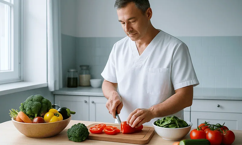 Male chef preparing vegetables in a modern kitchen for healthy eating.