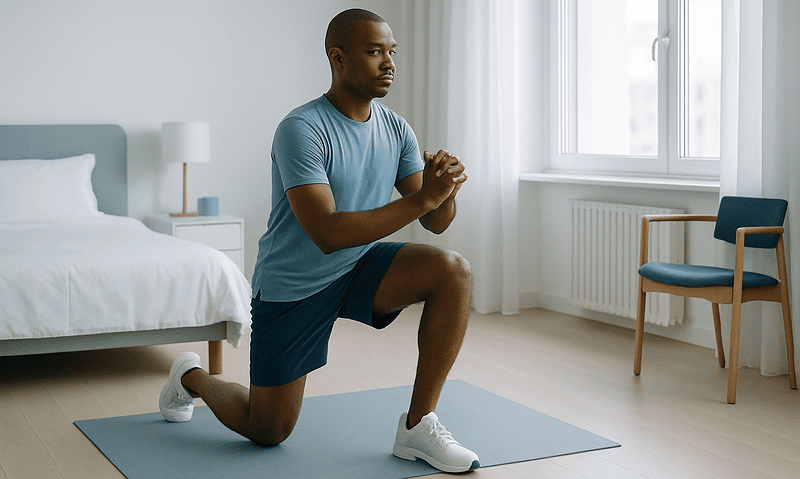 Man performing knee lunge exercise in a bright room.