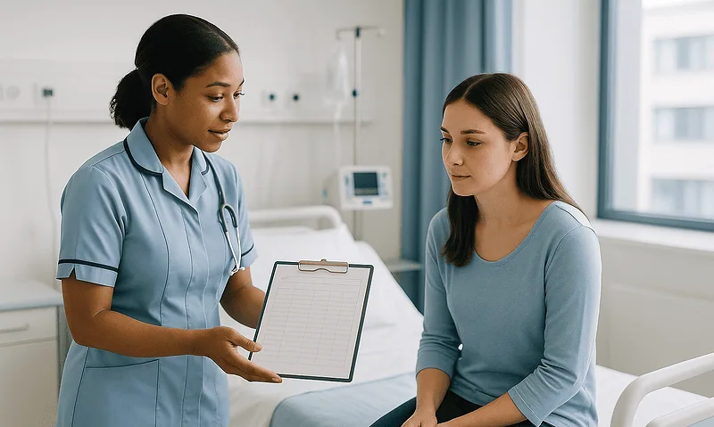 Nurse discussing treatment plan with patient in hospital room.