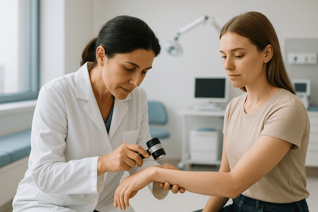 Keloid 1 Dermatologist examining a patient's skin with a magnifying glass in a clinic setting.