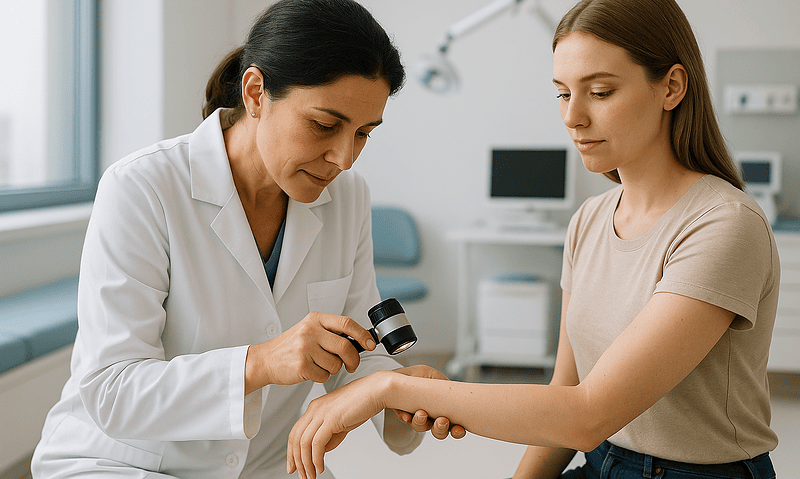 Dermatologist examining a patient's skin with a magnifying glass in a clinic setting.