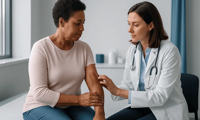Doctor examining a patient's arm with a keloid scar at Acibadem Hospital.