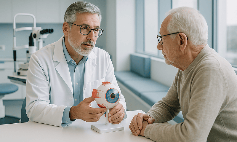 Ophthalmologist explaining eye anatomy to elderly patient in clinic.