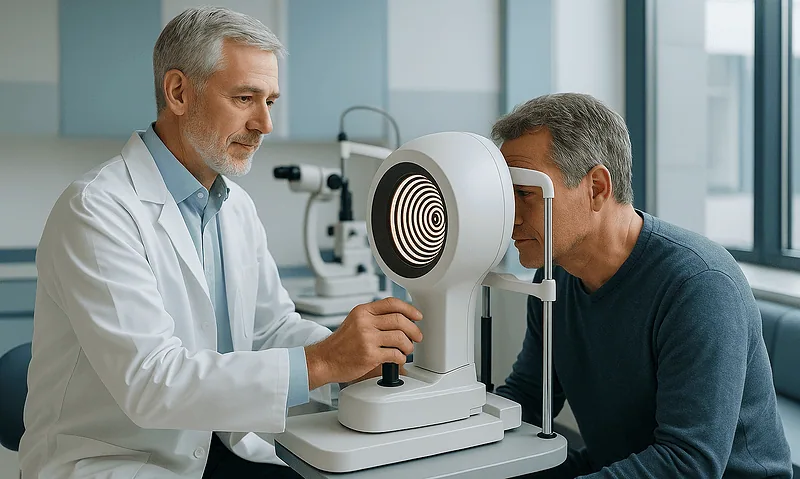 Ophthalmologist performing eye exam with specialized equipment at Acibadem Hospital.