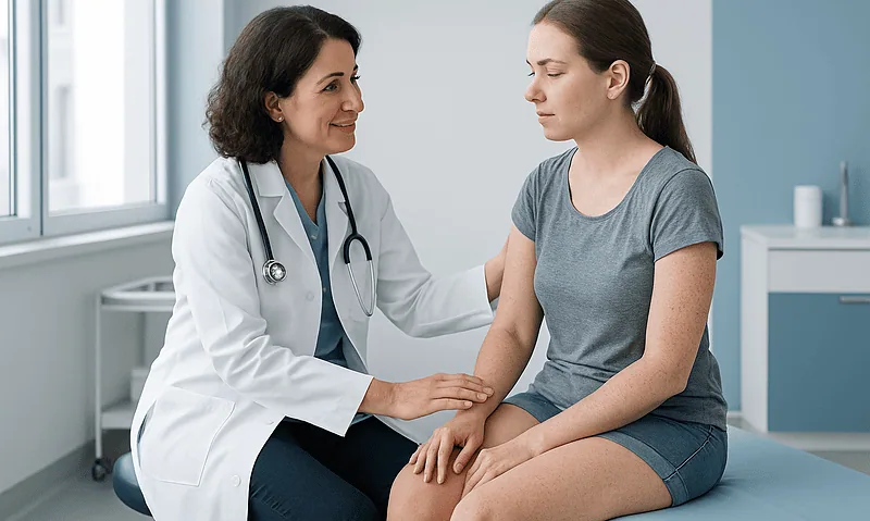 Doctor examining a young woman's skin in a clinical setting.