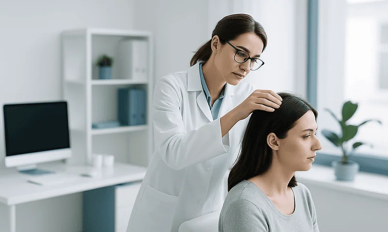 Doctor examining woman's scalp in a clinical setting.