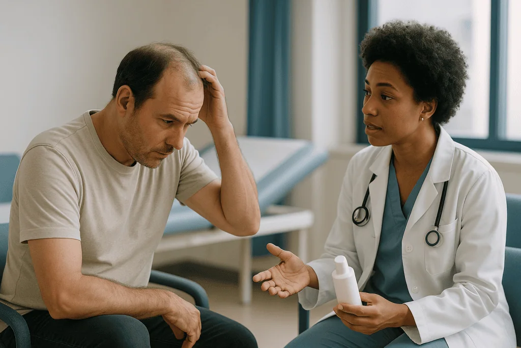 Doctor consulting with male patient in clinical setting: Ketoconazole shampoo for seborrheic dermatitis: why the flakes keep