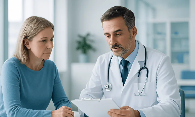 Doctor consulting with a female patient in a medical office.