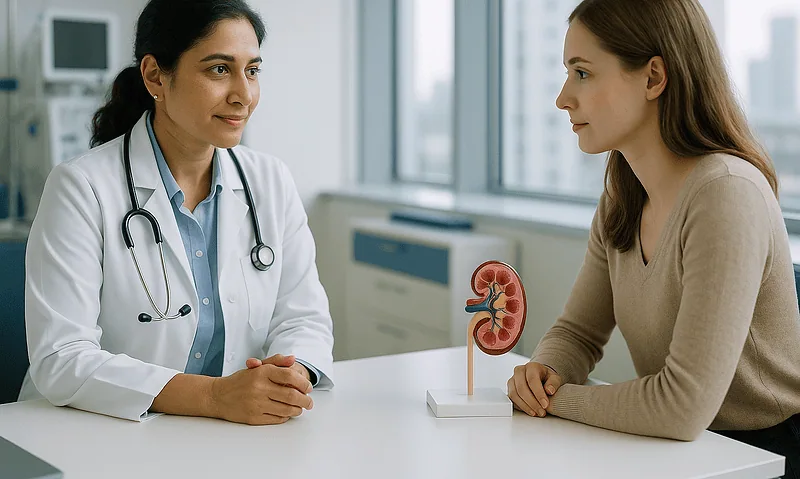 Doctor consulting with patient about kidney health in a hospital setting.