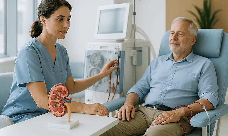 Medical professional explains kidney health to elderly patient in hospital.