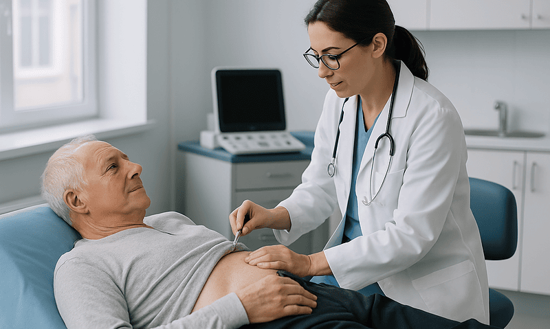 Doctor examining elderly patient in hospital room.