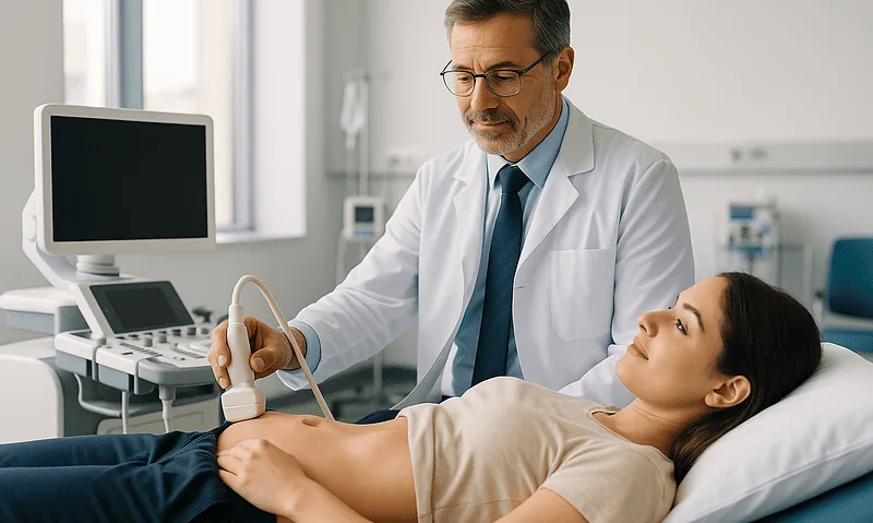 Doctor performing an ultrasound examination on a female patient in a hospital room.