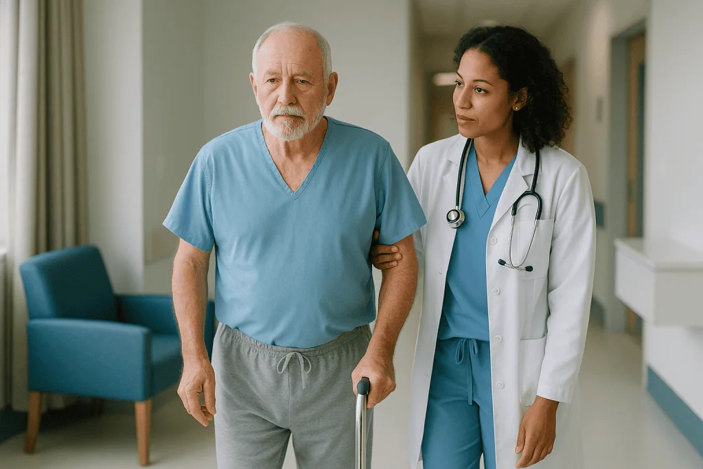 Senior male patient walking with female doctor in hospital corridor: Kidney cancer surgery recovery time: what the typical r