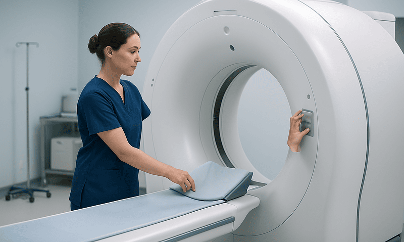 Medical professional operating a CT scanner in a hospital setting.