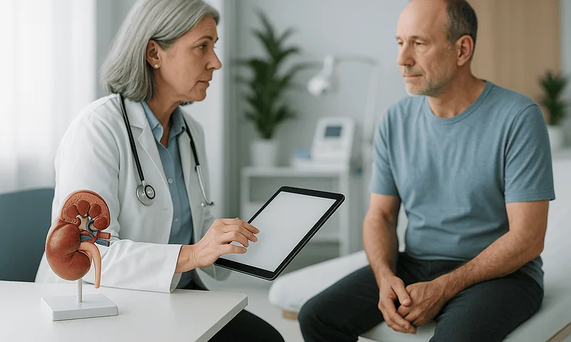 Doctor consulting with patient about kidney health in a medical office.