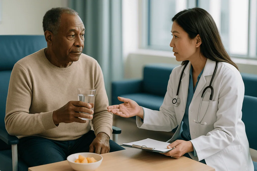 Doctor consulting older male patient about dietary management: Kidney disease diet and fluids: why the advice changes with t