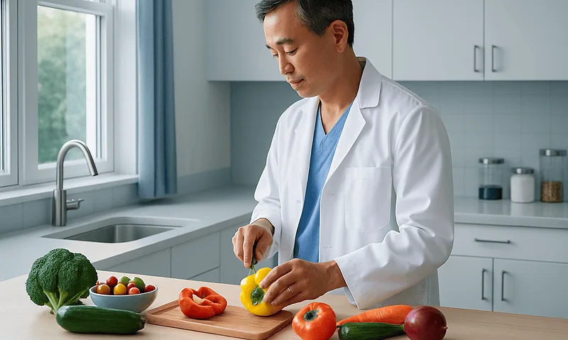 Doctor preparing fresh vegetables in a modern kitchen for kidney health.