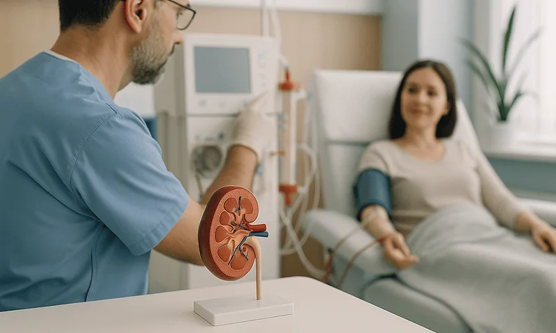 Doctor explaining kidney health to a patient in a hospital room.