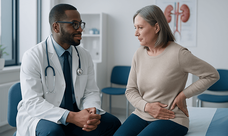 Doctor consulting with a woman patient about kidney health in a medical office.