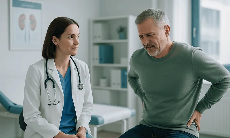 Doctor consulting with a patient about kidney pain in a medical office.