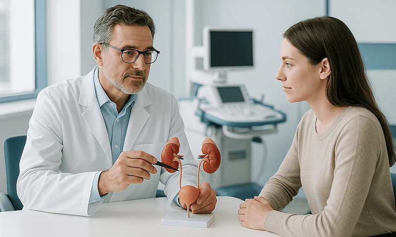 Urologist explaining kidney health to a patient in a medical consultation.