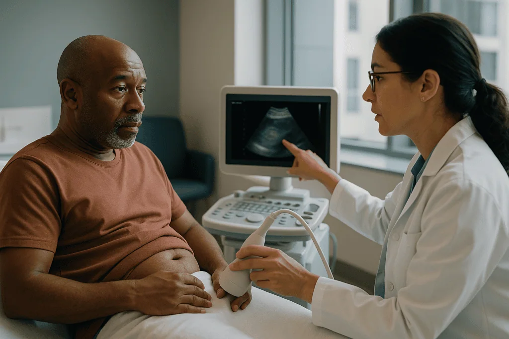 Doctor performing abdominal ultrasound on male patient — Kidney stone ultrasound vs CT: when sound waves are the better first