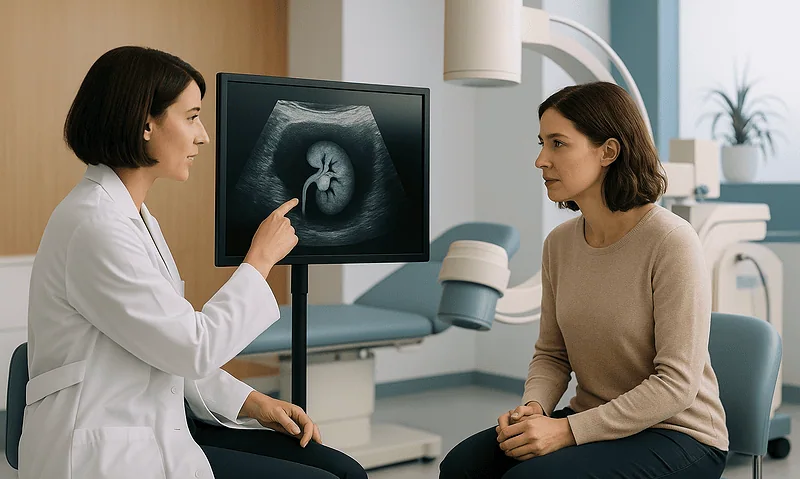 Doctor explaining kidney ultrasound to patient in a medical consultation.