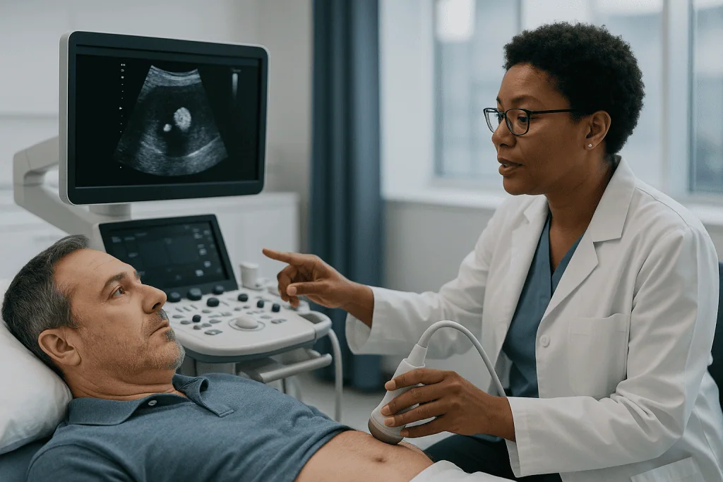 Doctor performing abdominal ultrasound on male patient: Kidney stones on ultrasound: bright spots and their shadows