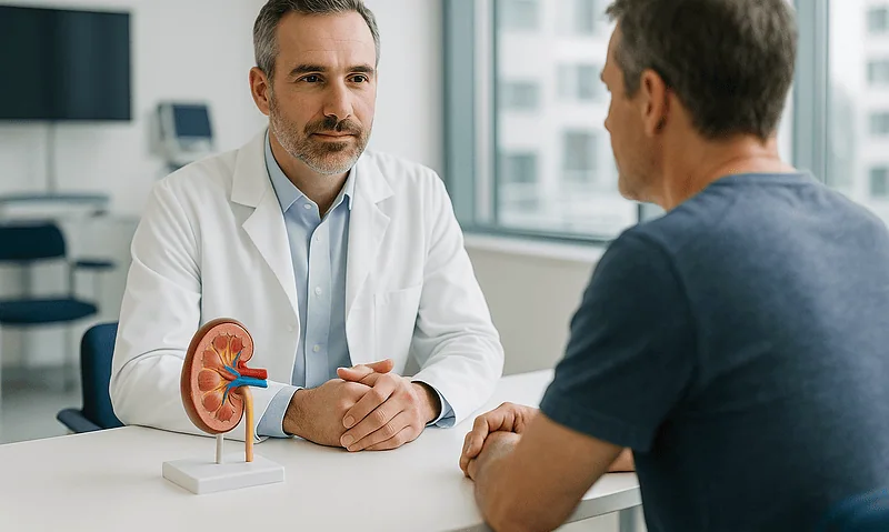 Doctor consulting with patient about kidney health and transplant options.