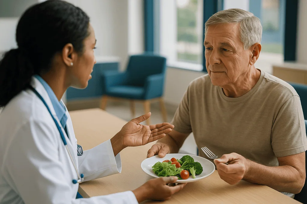 Doctor consulting senior patient about healthy diet nutrition: Kidney transplant diet: what changes, and what surprisingly d