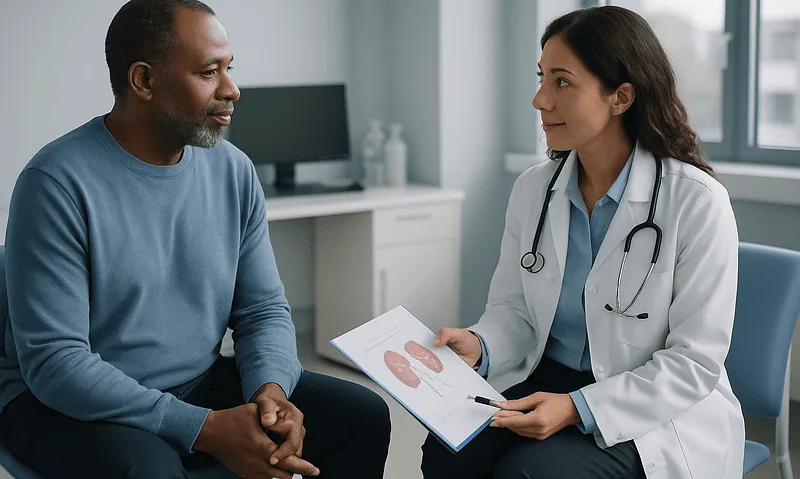 Doctor explaining kidney transplant process to patient in consultation room.