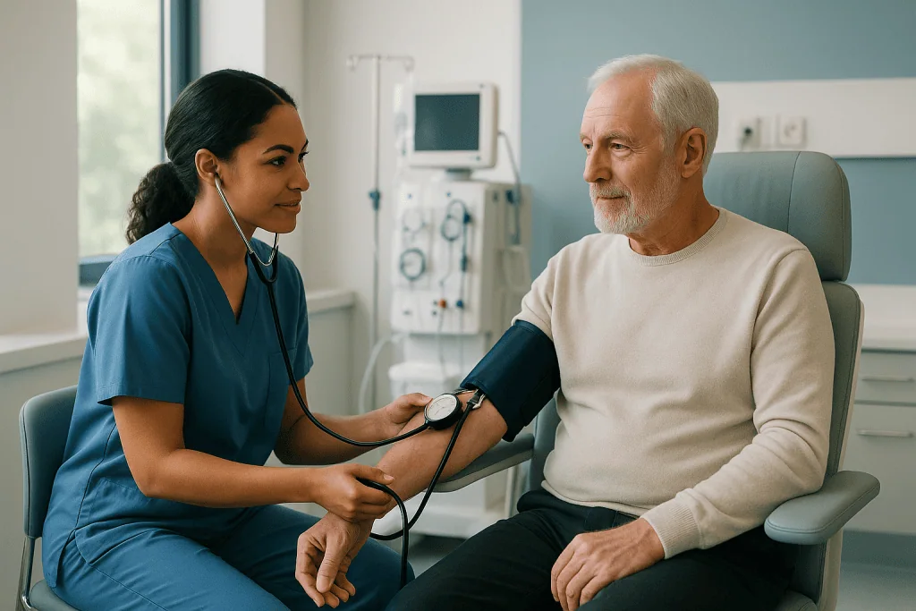 Kidney Transplant Recovery: Week by Week 1 Doctor checking blood pressure of senior male patient in hospital room.