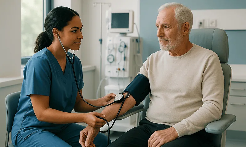 Doctor checking blood pressure of senior male patient in hospital room.