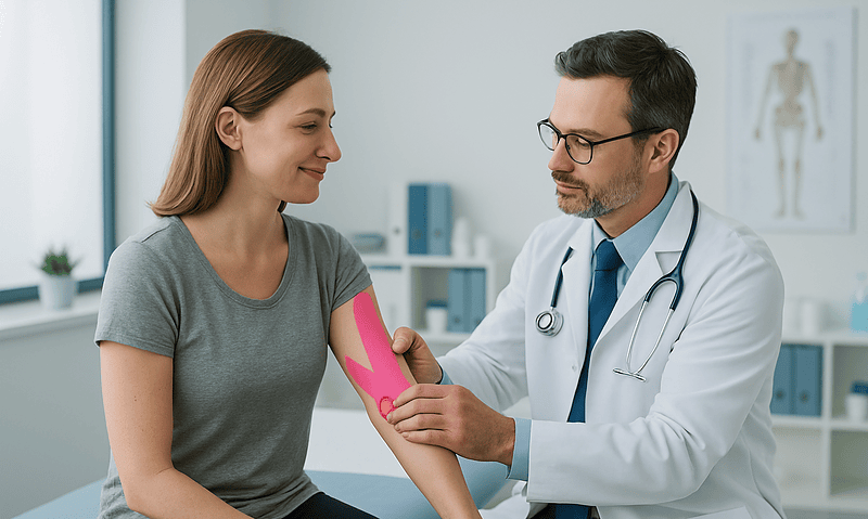 Kinesiology Tape: What the Studies Show Behind the Colorful Strips 6 Doctor applying kinesiology tape to a woman's arm in a clinical setting.