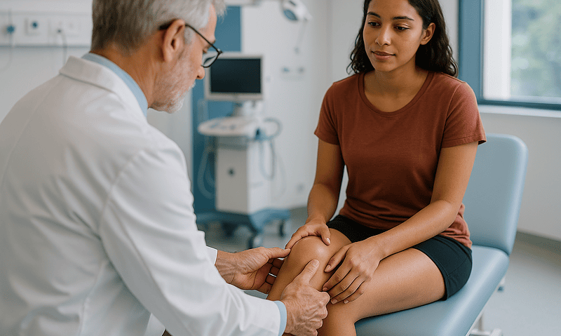 Orthopedic doctor examining patient's knee in a medical consultation room.