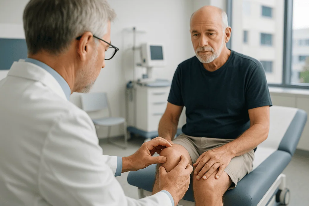Orthopedic doctor examining senior man's knee in consultation room.