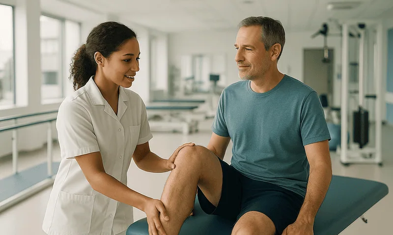 Physiotherapist examining patient's knee in a clinical setting.
